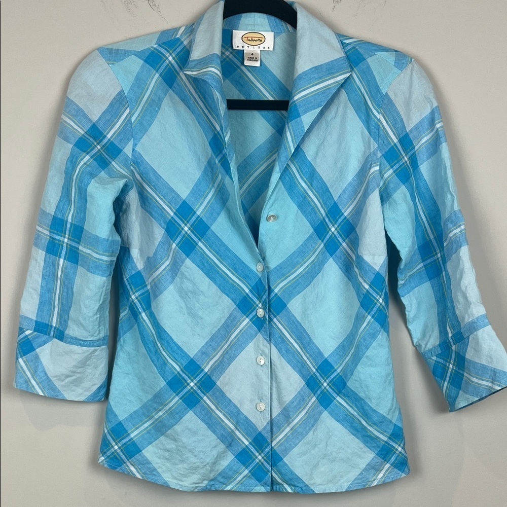 Talbots 100% Linen Light Blue Plaid Short Sleeve Shirt Size 4 Petite